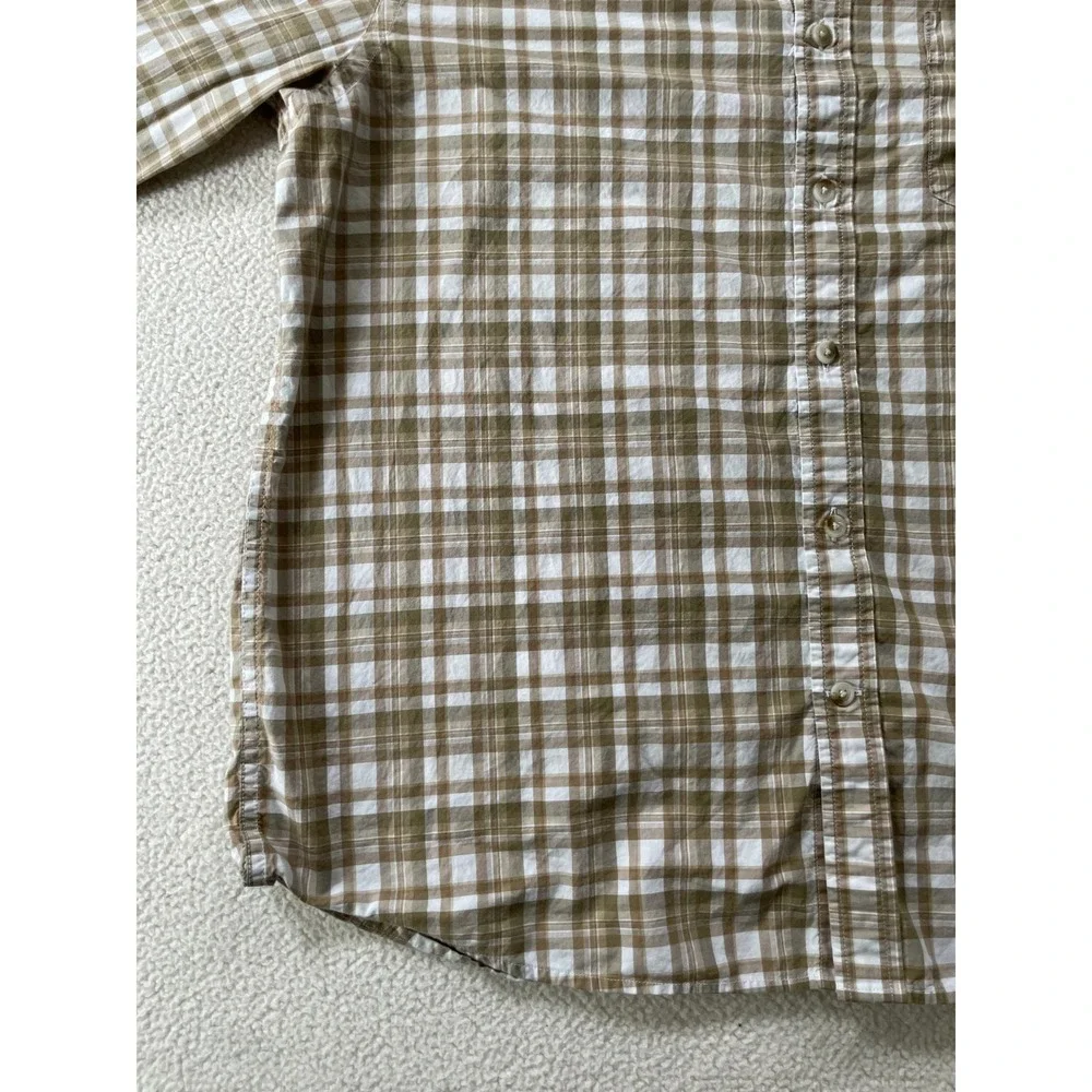 Banana Republic Mens Large Button Down Shirt Tan Plaid Untucked Fit Long Sleeve